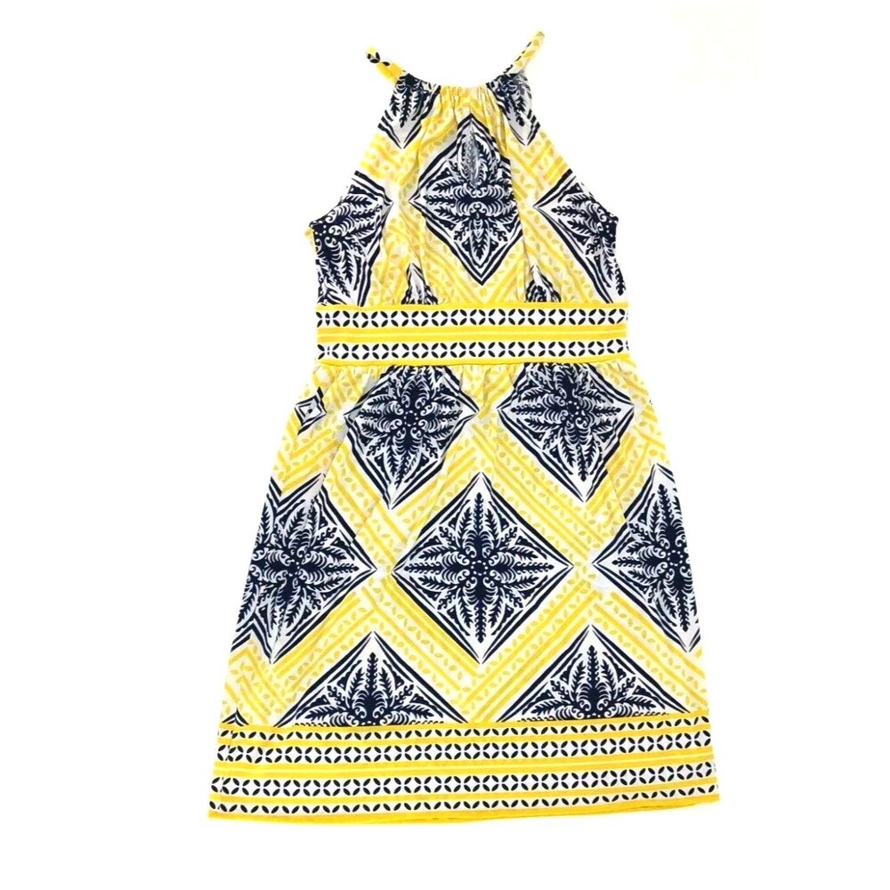 Coastal Mediterranean Halter Sheath Dress Blue Yellow Tile Print Preppy Resort 6
